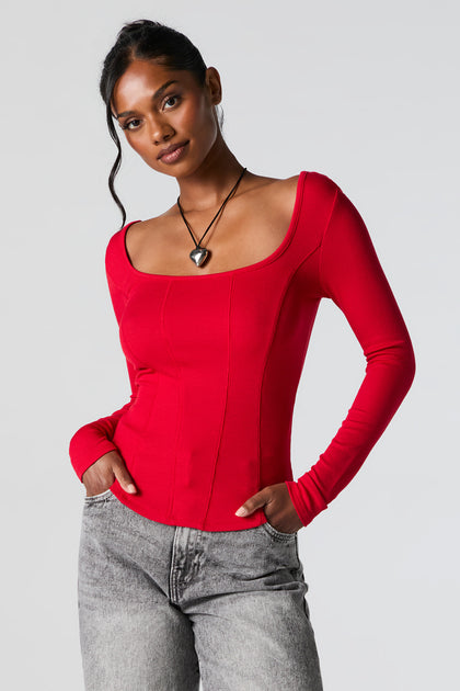 Ribbed Scoop Neck Corset Style Long Sleeve Top