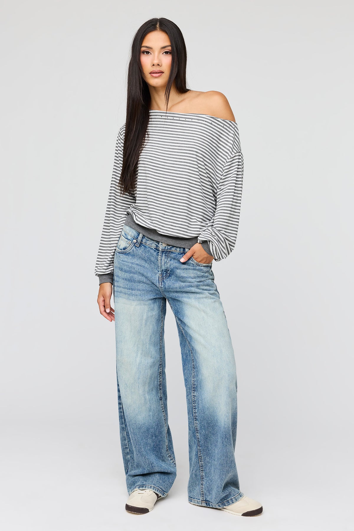 Alt View 3. Studded Off Shoulder Top - Black with White