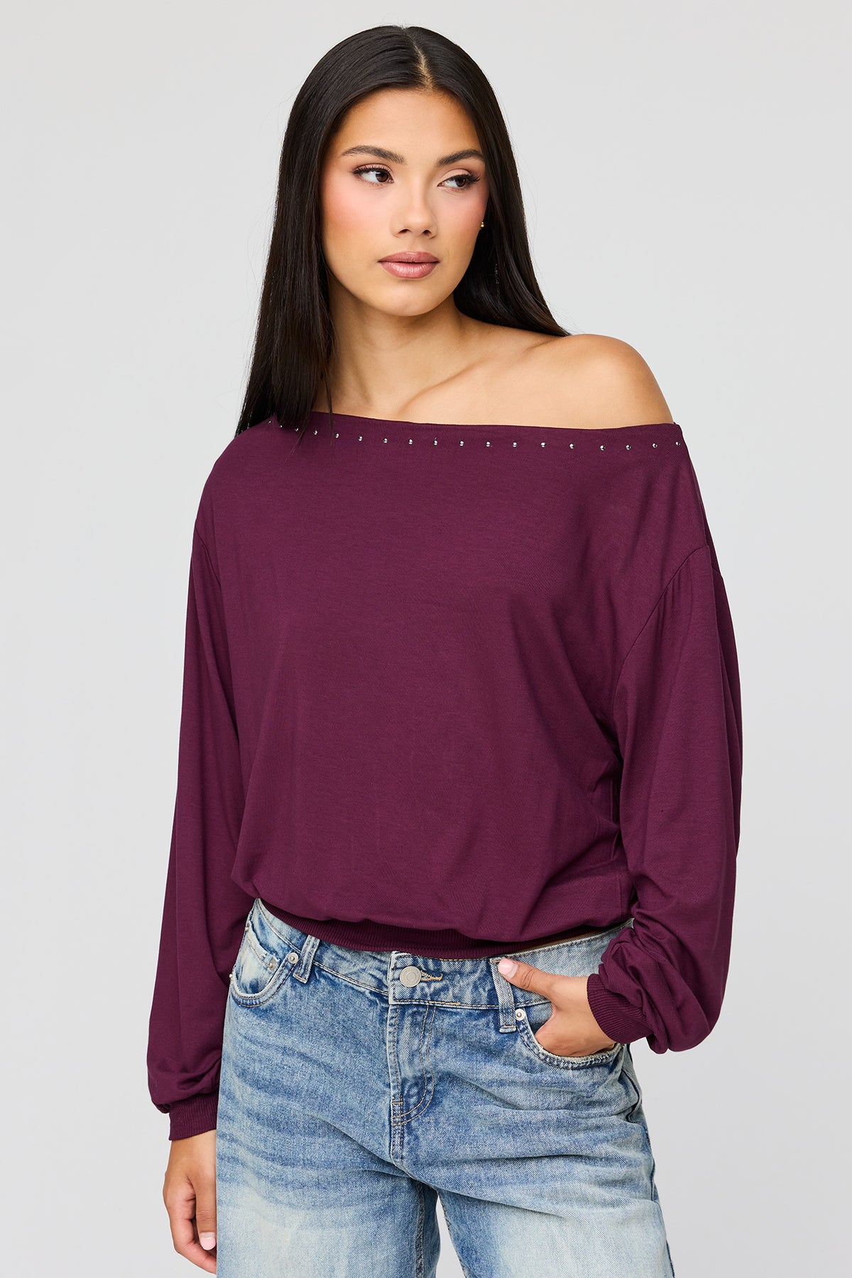 Studded Off Shoulder Top - Burgundy