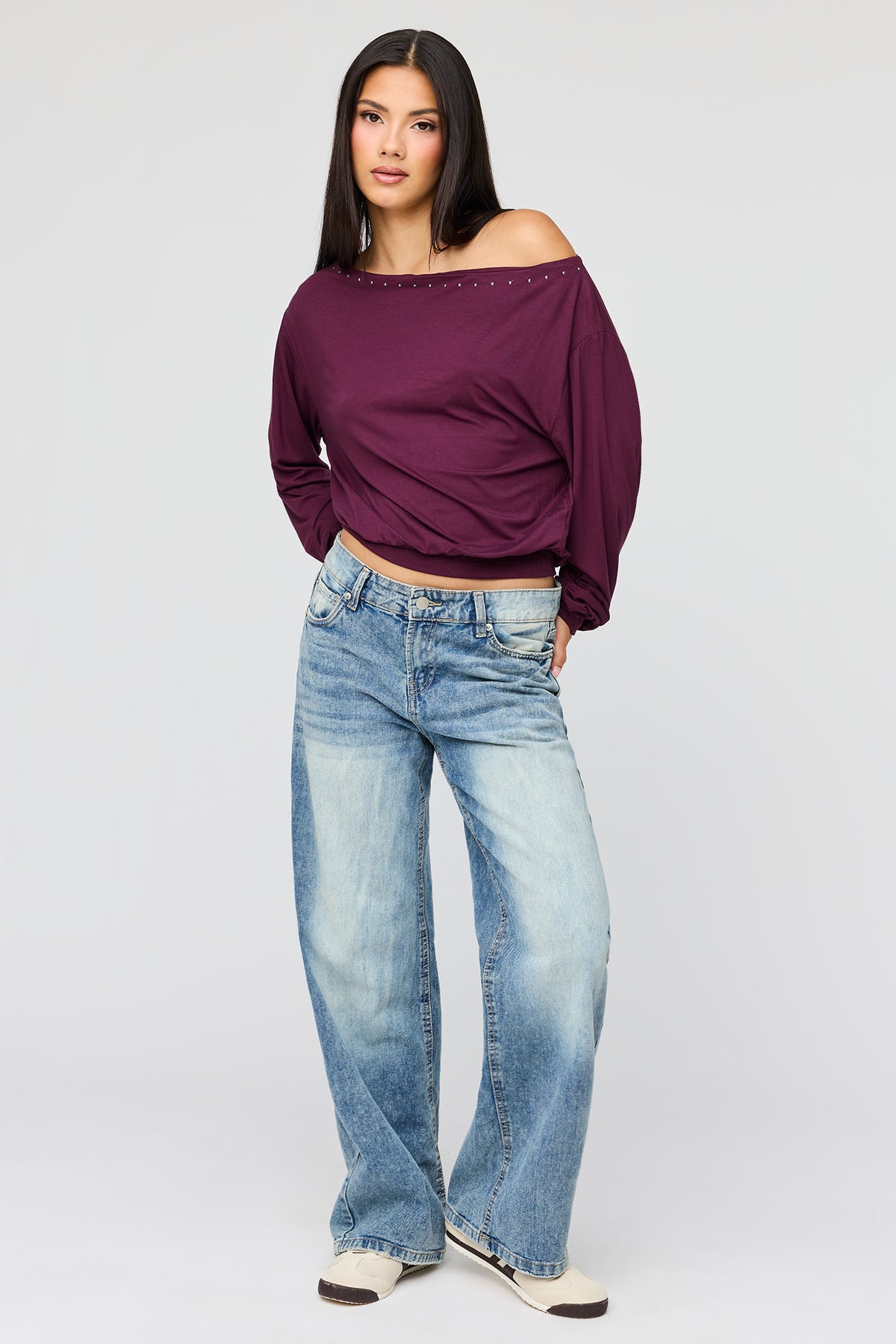 Alt View 3. Studded Off Shoulder Top - Burgundy
