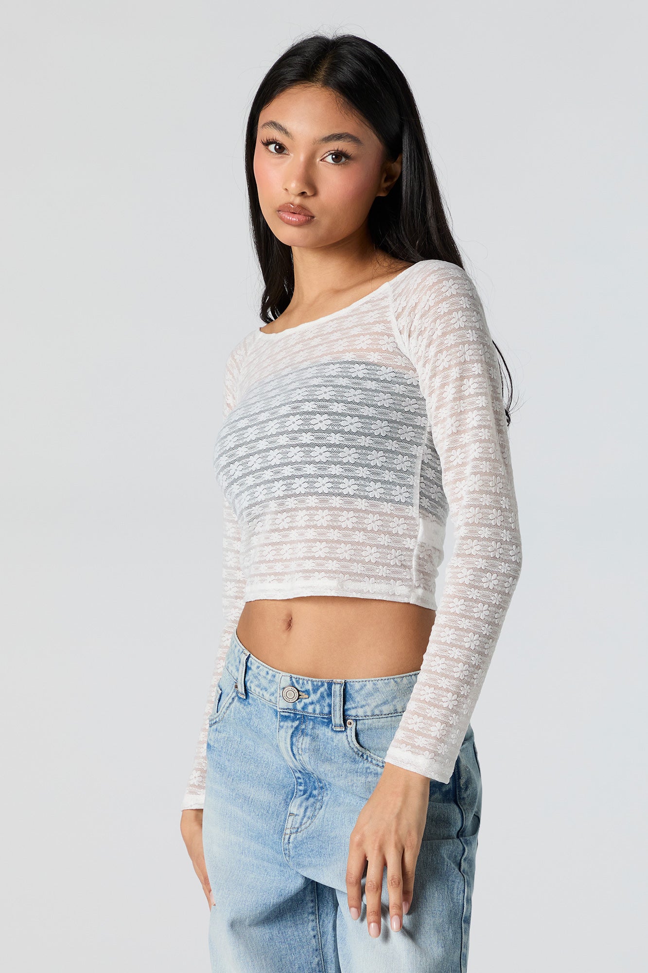 Floral Lace Long Sleeve Crop Top