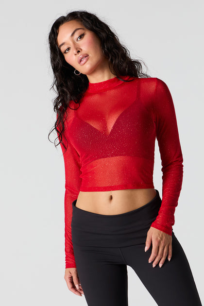 Mesh Mock Neck Long Sleeve Top