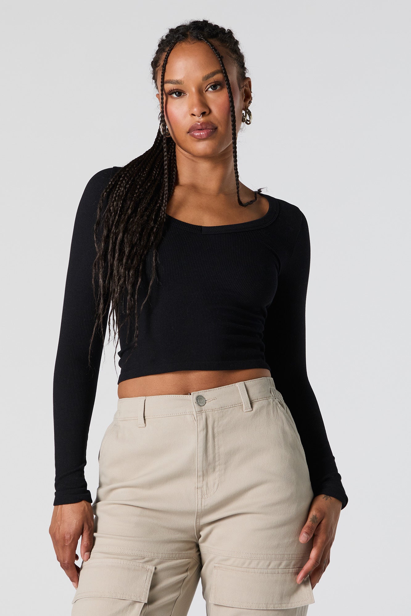 Seamless Ribbed V-Neck Long Sleeve Crop Top