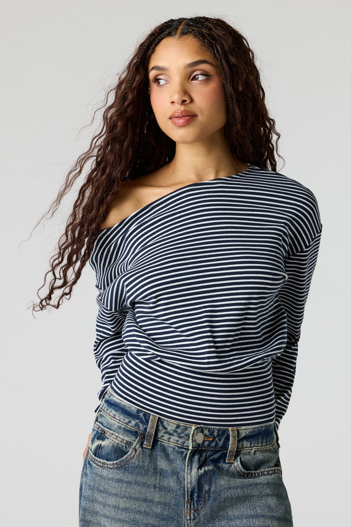 Off Shoulder Long Sleeve Top - Blue