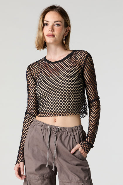 Wide Fishnet Long Sleeve Crop Top