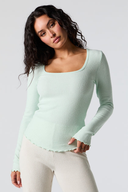 Ribbed Knit Square Neck Long Sleeve Top