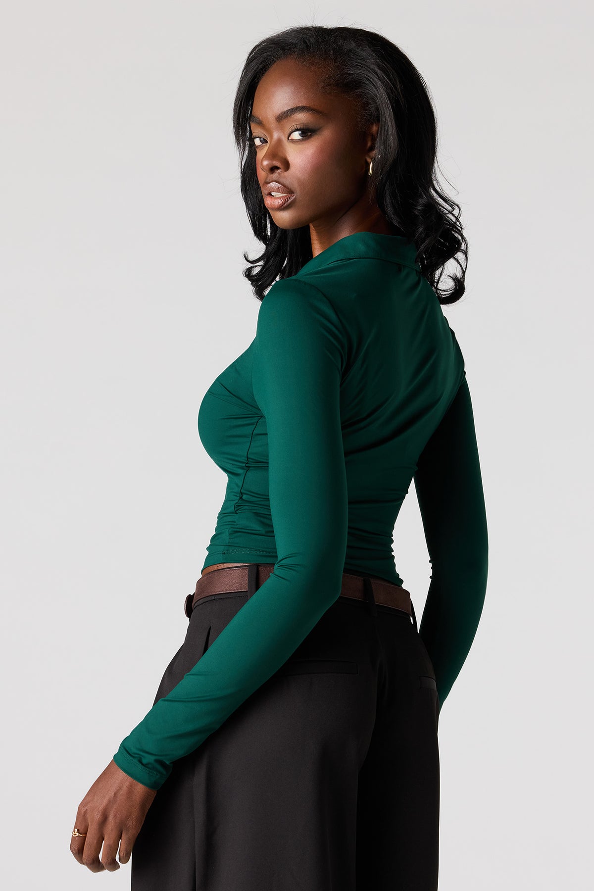 Alt View 2. Luxe Heavy Contour Long Sleeve Polo - Hunter Green