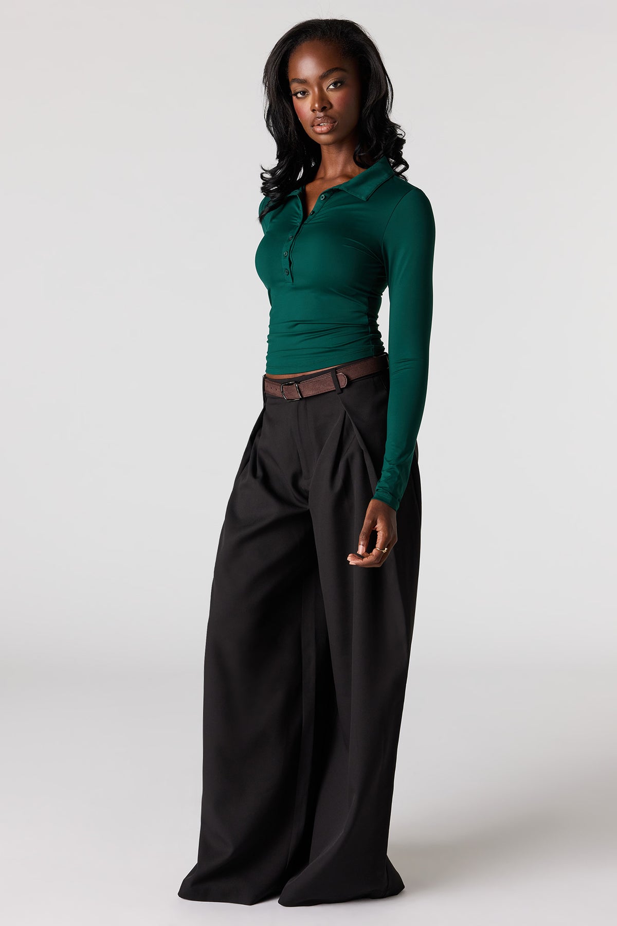Alt View 3. Luxe Heavy Contour Long Sleeve Polo - Hunter Green