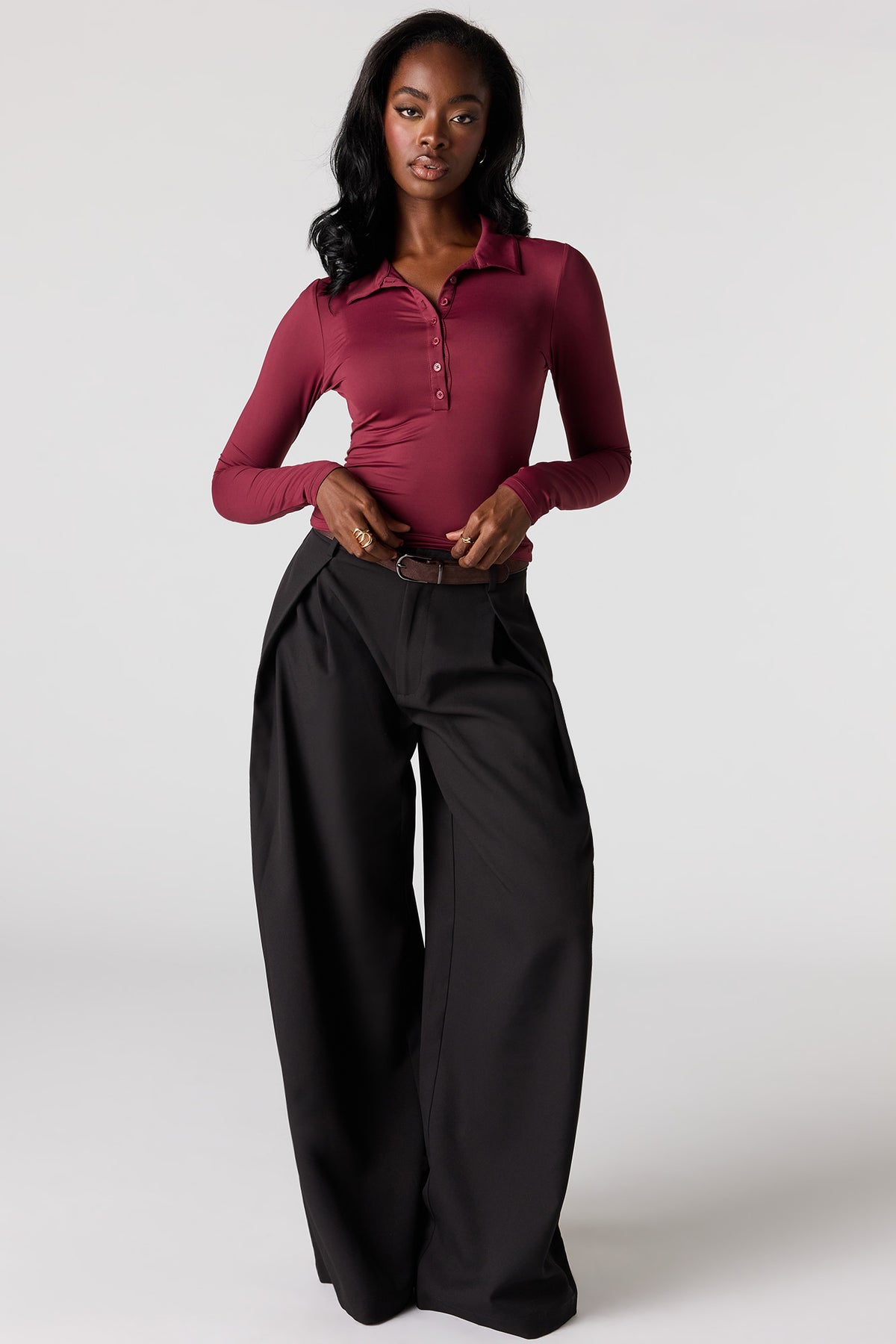 Alt View 3. Luxe Heavy Contour Long Sleeve Polo - Burgundy