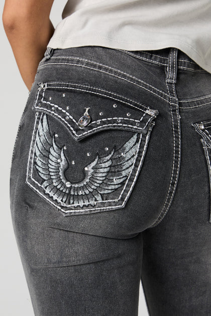 Vintage Wash Rhinestone Wing Embroidered Bootcut Jean