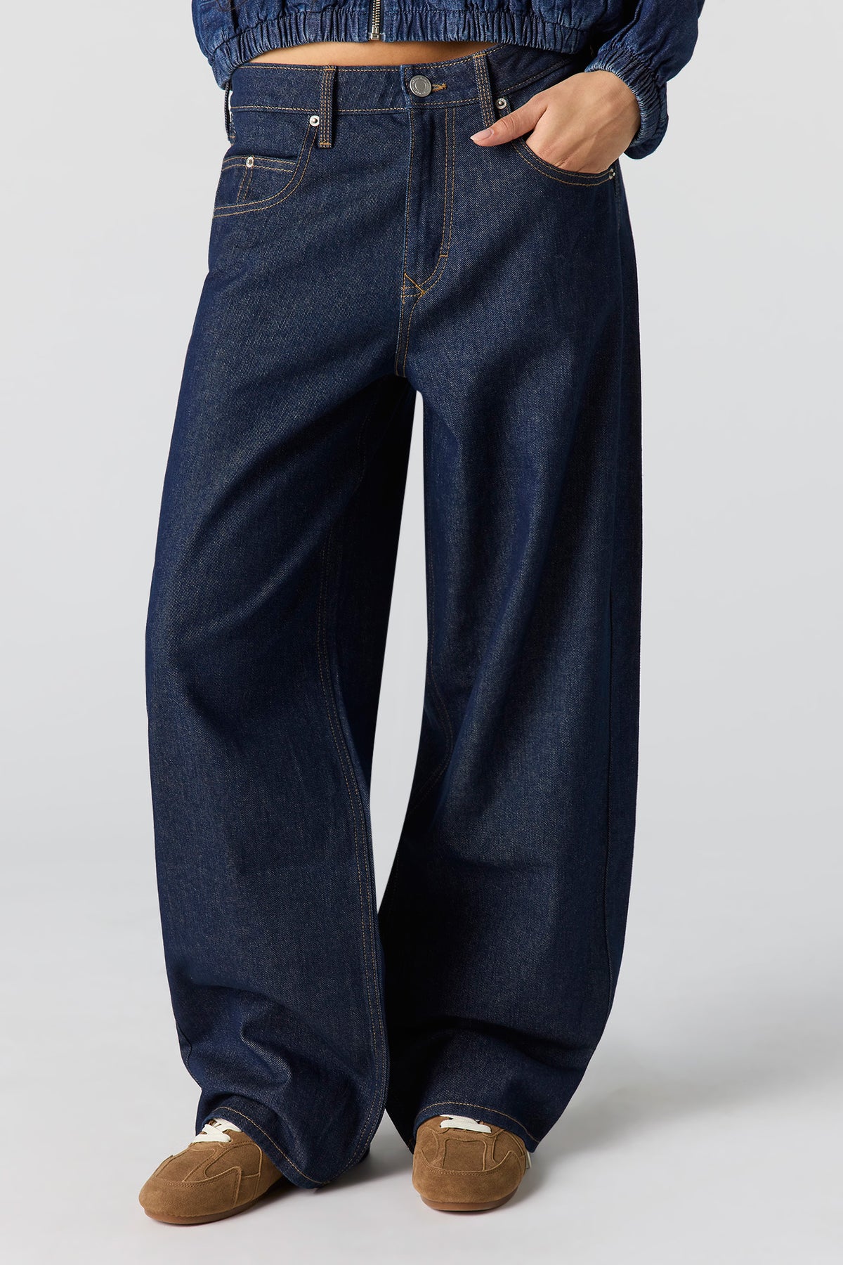 Alt View 2. Low Rise Mega Baggy Embroidered Jean - Rinse Denim