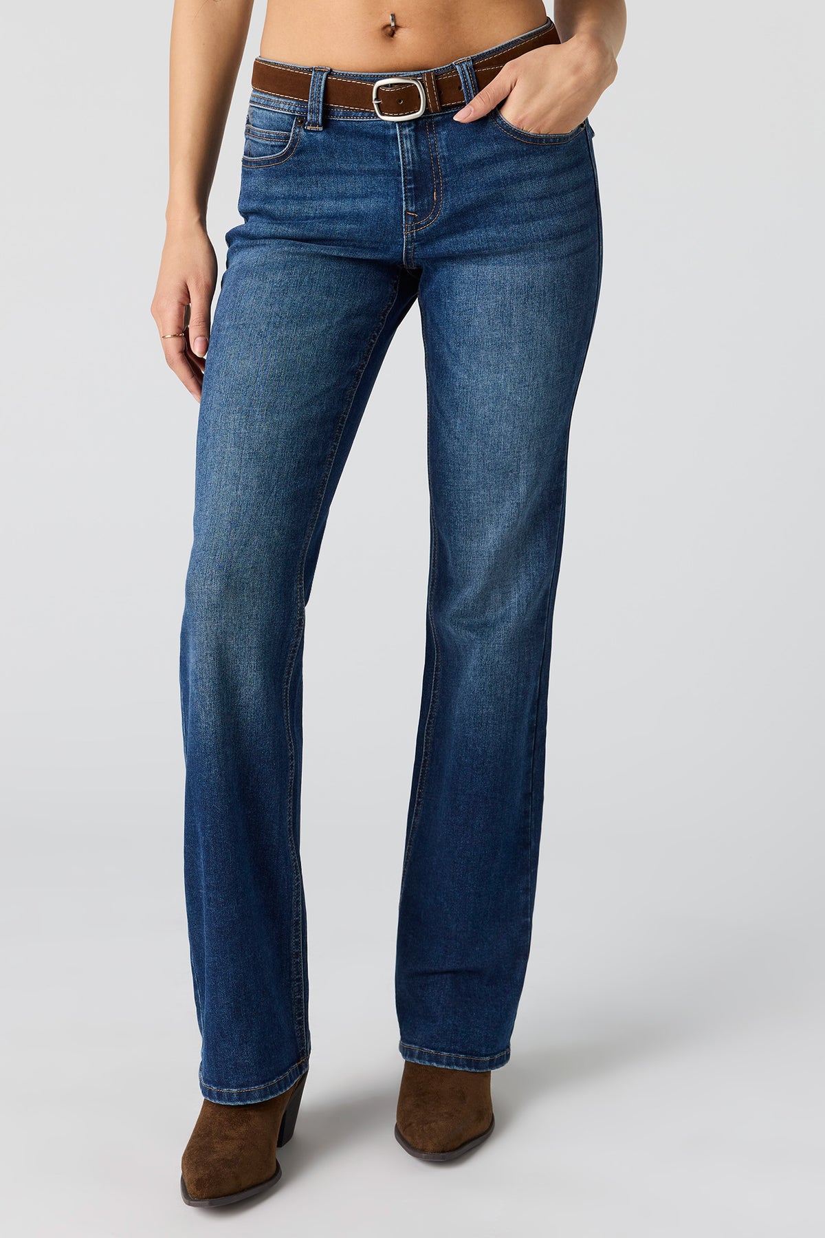 Alt View 2. Stretch Low Rise Belted Bootcut Jean - Denim Blue