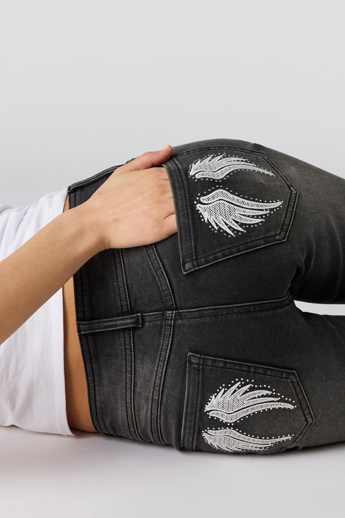 Stretch Low Rise Embellished Pocket Flare Jean - Black