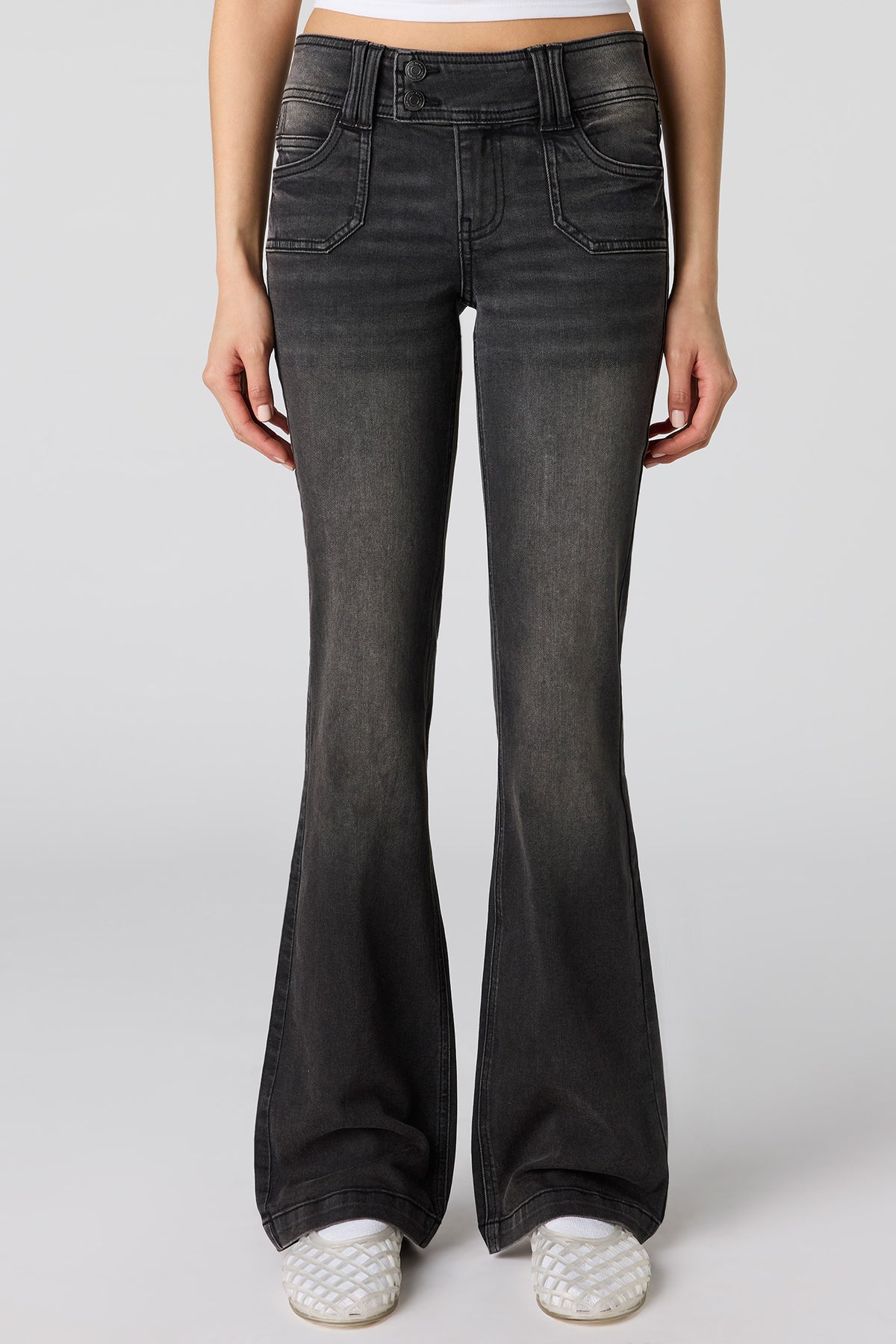 Alt View 2. Stretch Low Rise Embellished Pocket Flare Jean - Black
