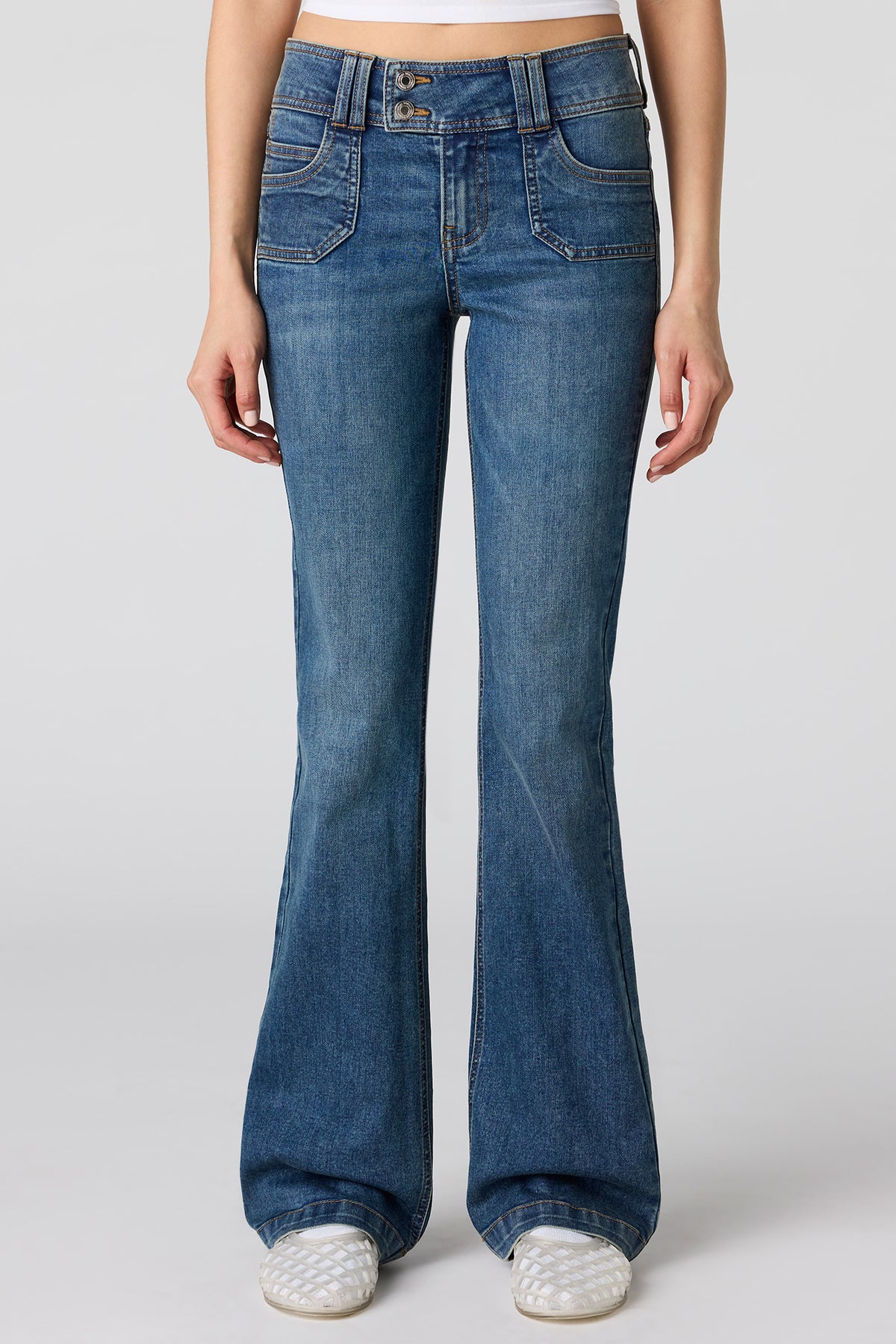 Alt View 2. Stretch Low Rise Embellished Pocket Flare Jean - Midnight Blue