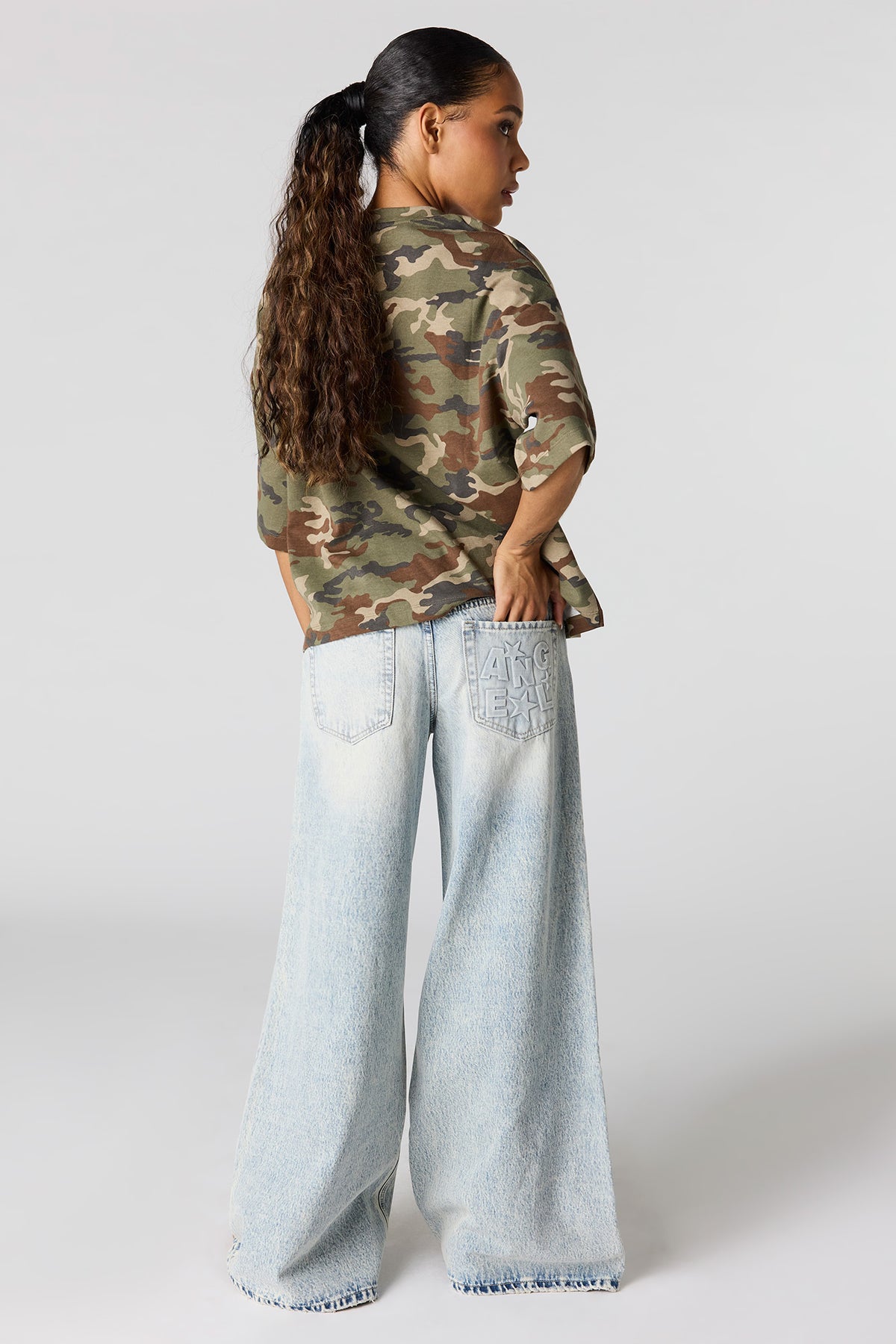 Alt View 4. Low Rise Embossed Super Wide Leg Jean - Light Denim Blue