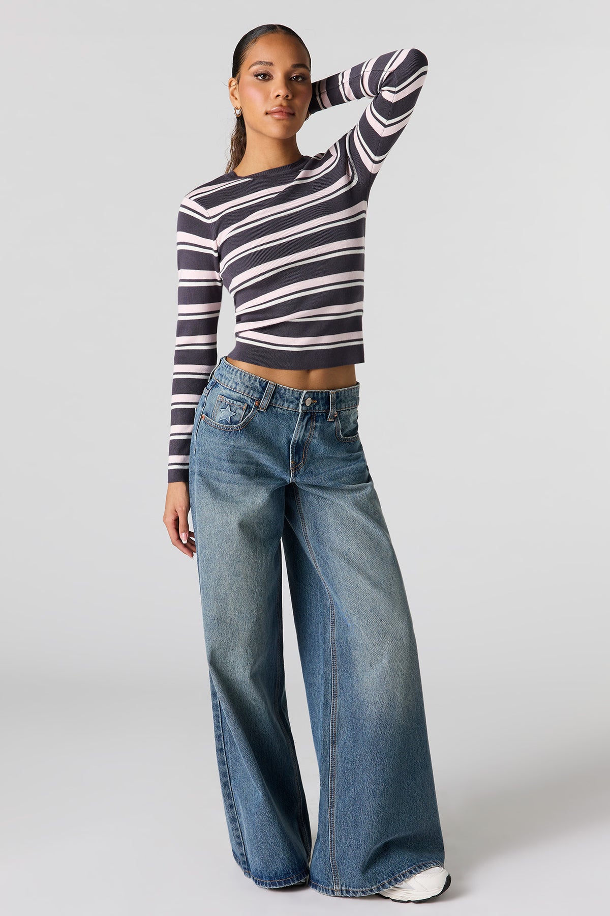 Low Rise Embossed Super Wide Leg Jean - Midnight Blue