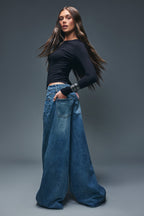 Low Rise Embossed Super Wide Leg Jean