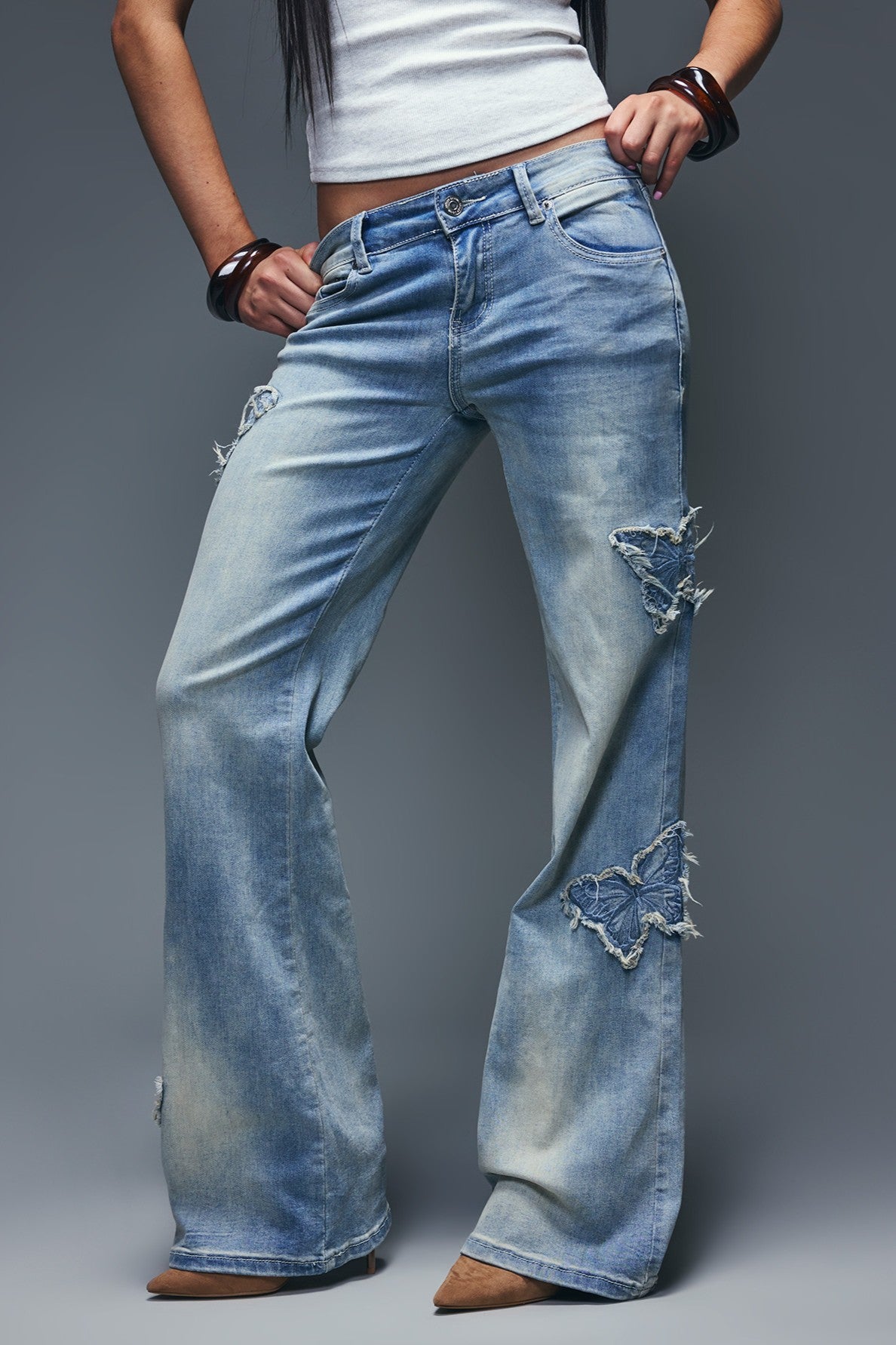 Alt View 3. Stretch Low Rise Butterfly Flare Jean - Pacific Blue