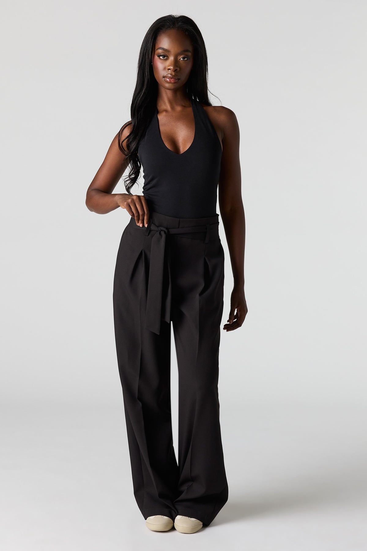 Belted Wide Leg Dress Pant - Black