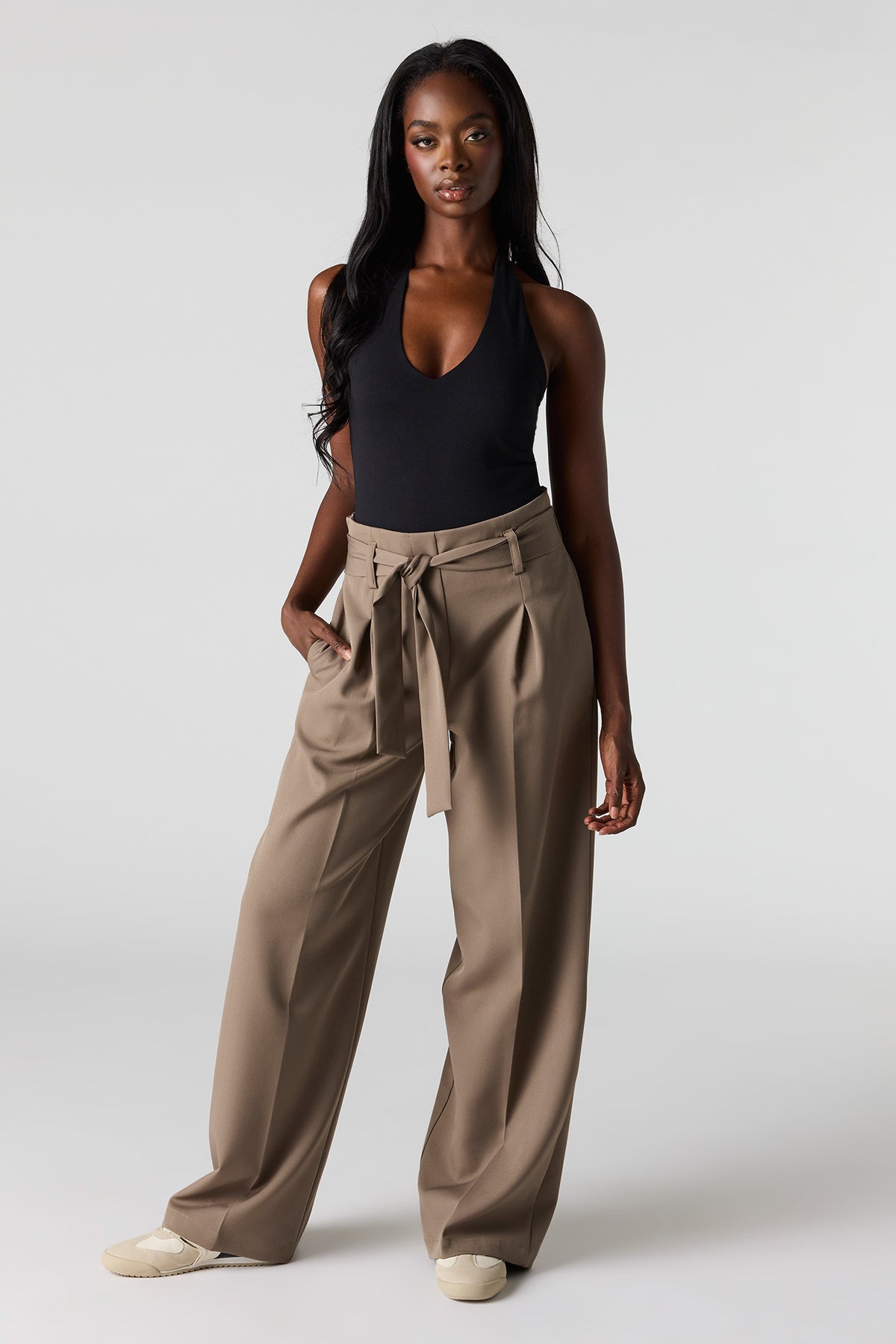 Belted Wide Leg Dress Pant - Taupe