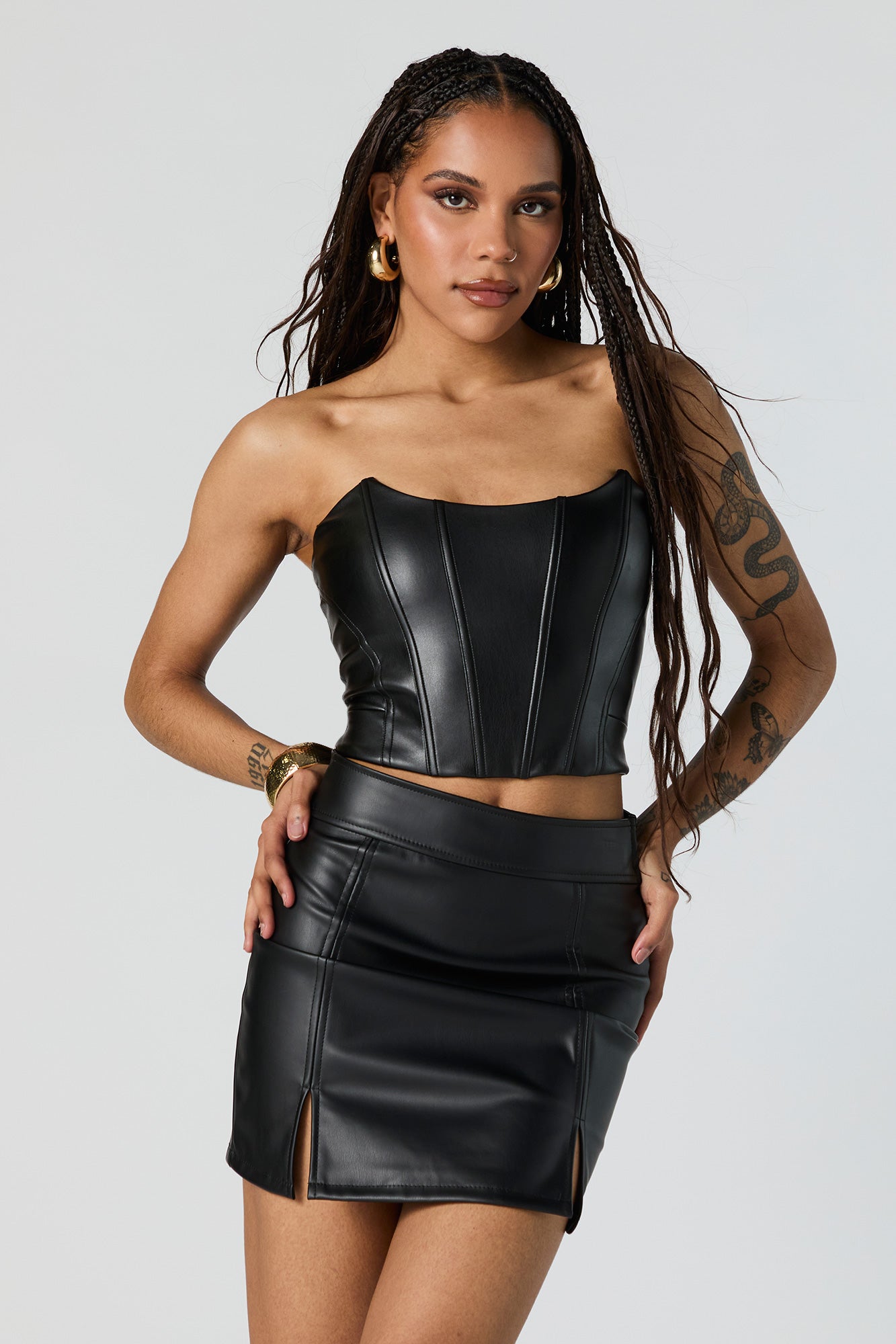 Faux Leather Double Slit Mini Skirt