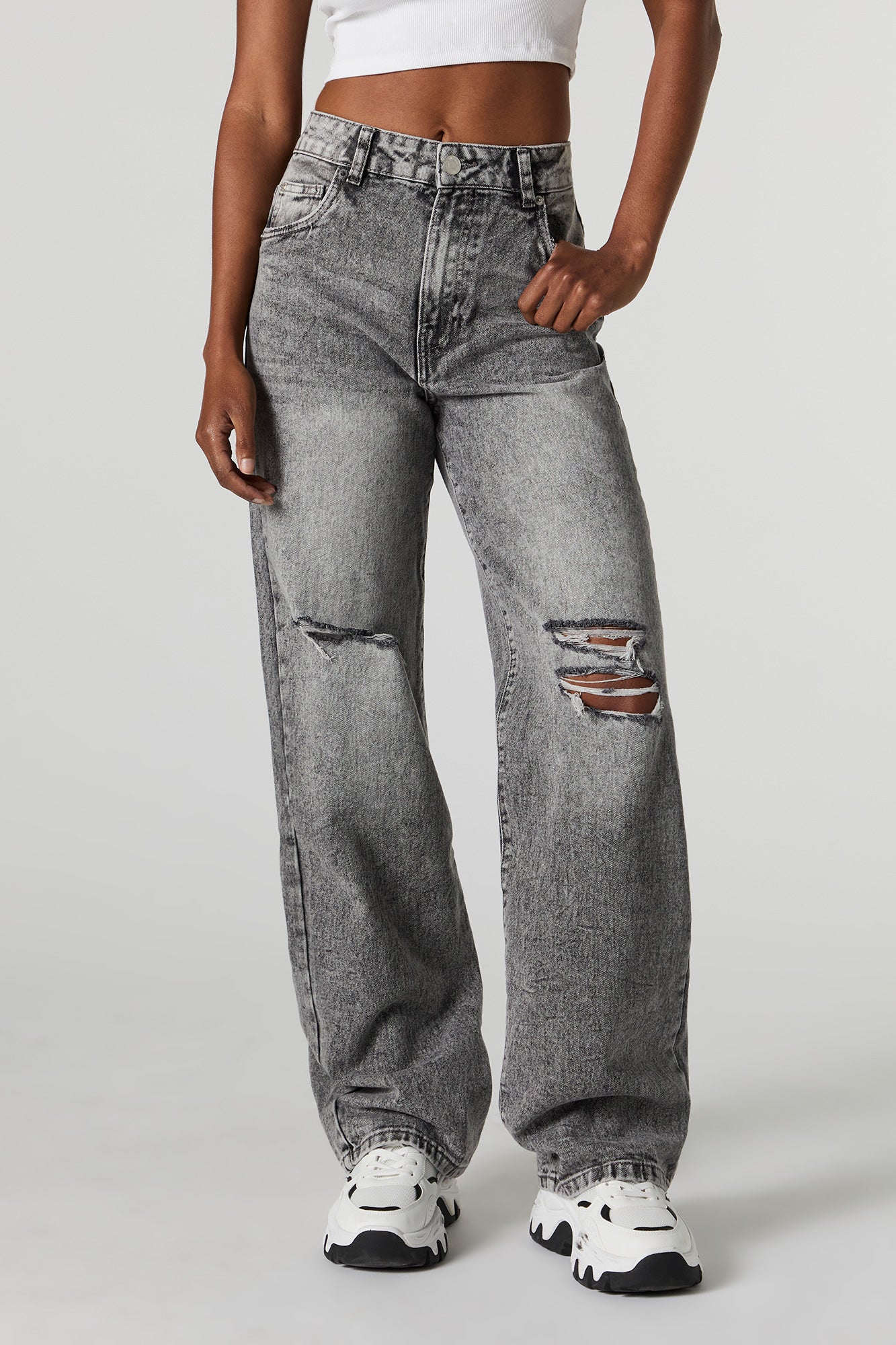 90's Washed High Rise Wide Leg Distressed Jean