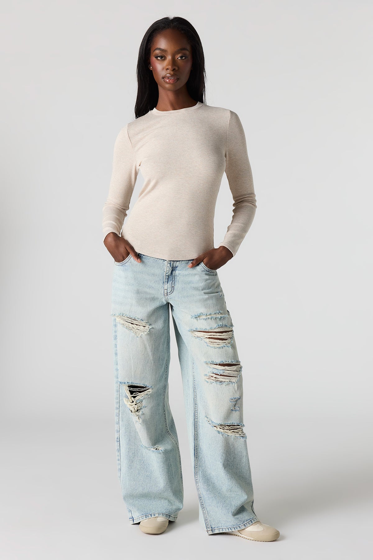London Ripped Low Rise Super Baggy Jean - Medium Blue