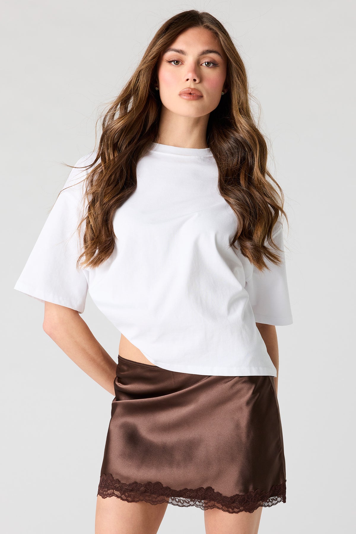 Satin Lace Trim Mini Skirt - Brown