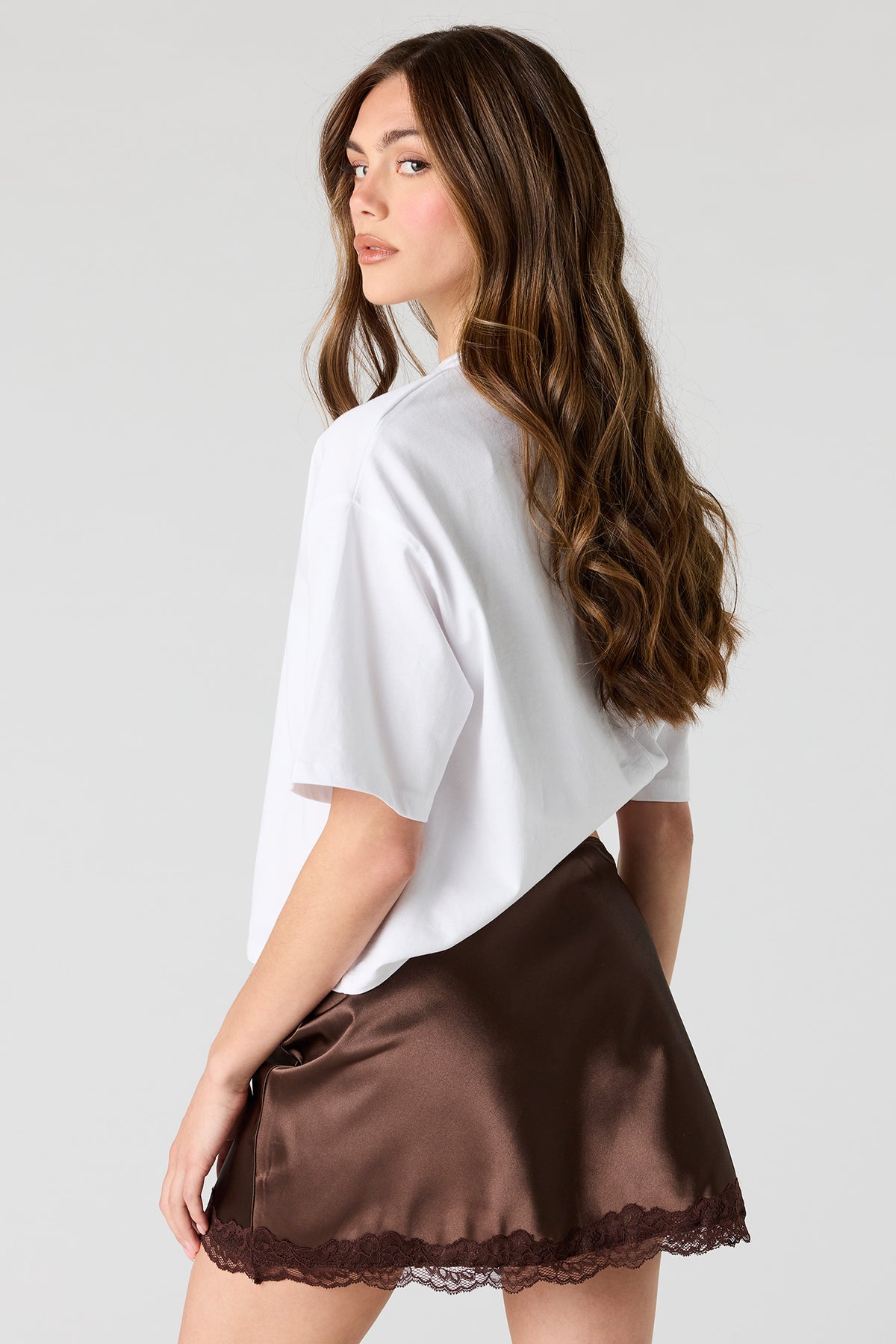 Alt View 2. Satin Lace Trim Mini Skirt - Brown