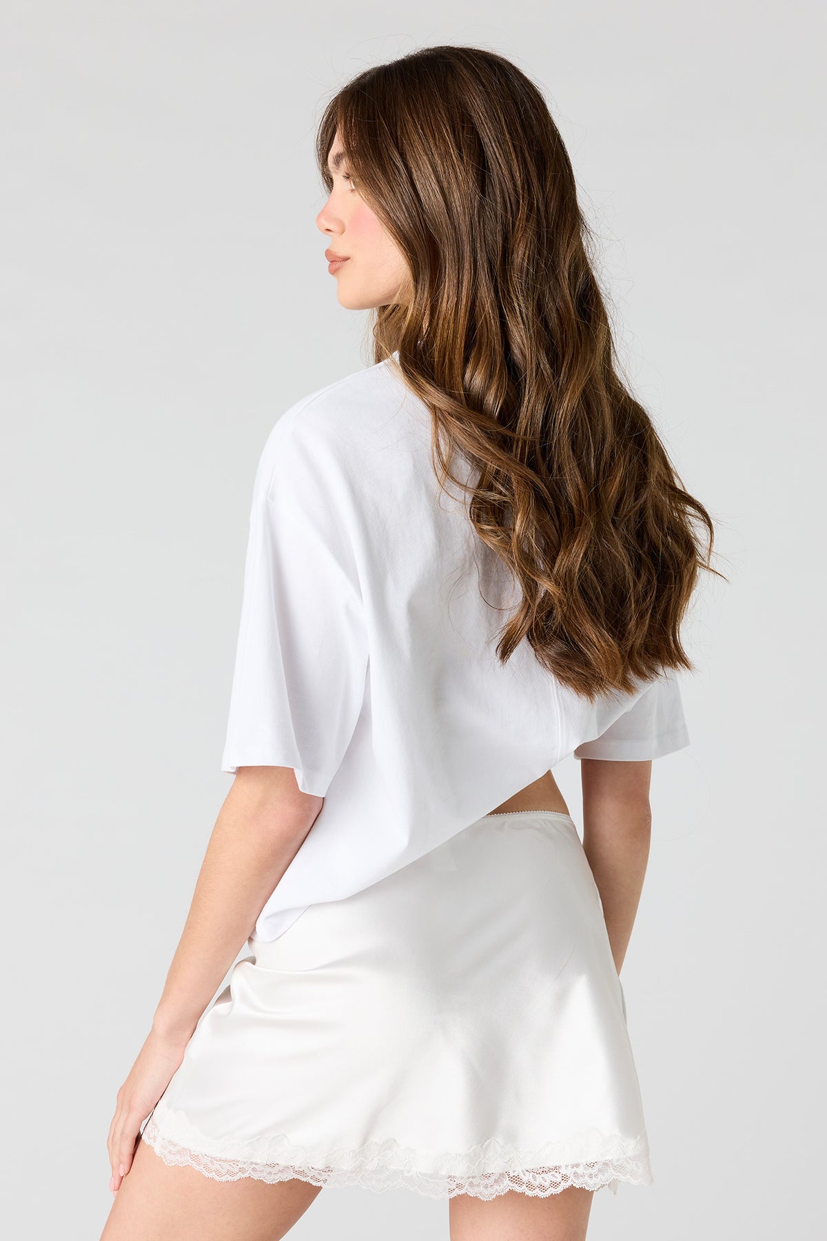 Alt View 2. Satin Lace Trim Mini Skirt - Ivory