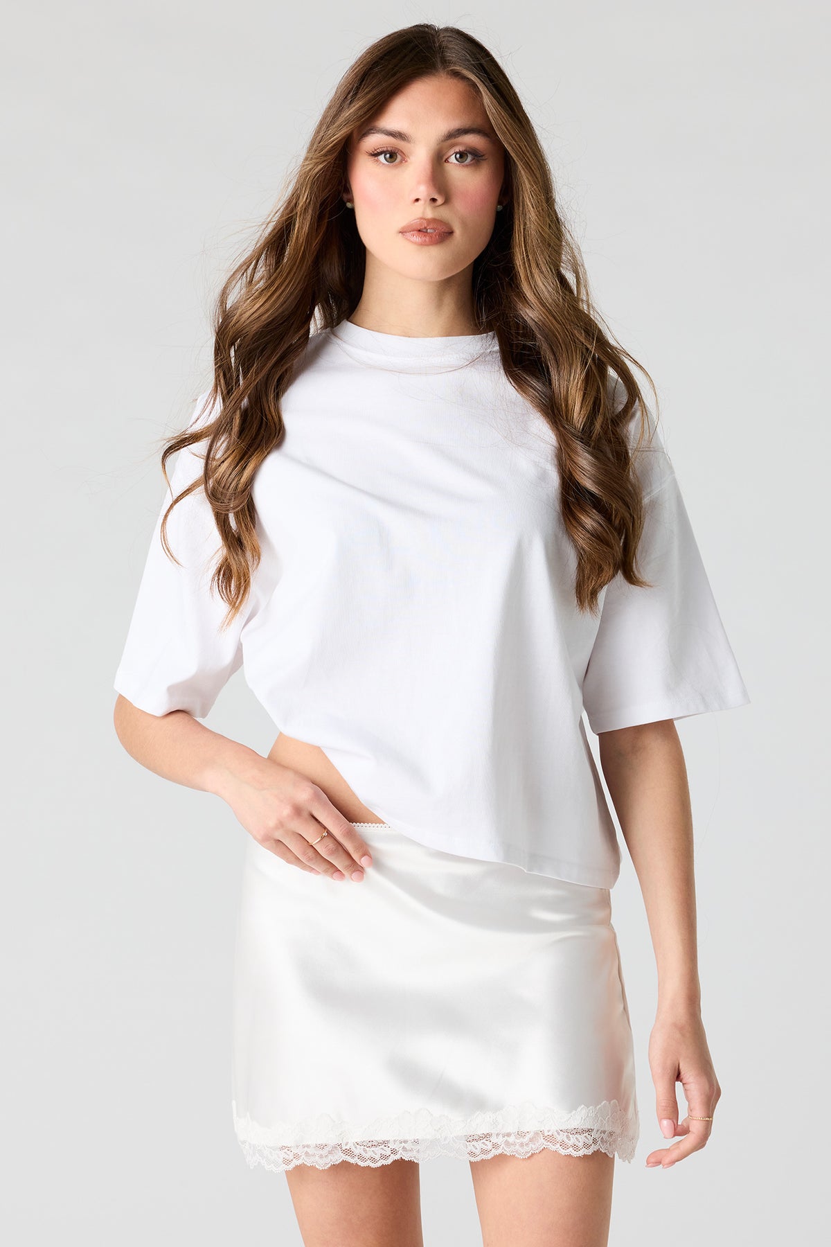 Satin Lace Trim Mini Skirt - Ivory