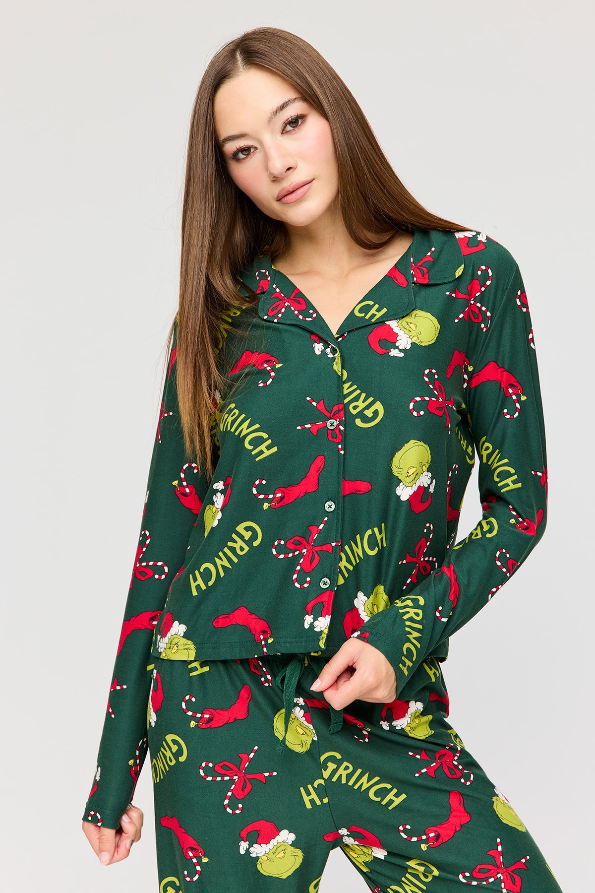 Alt View 2. The Grinch Button Up Top & Pant Pajama Set - Green
