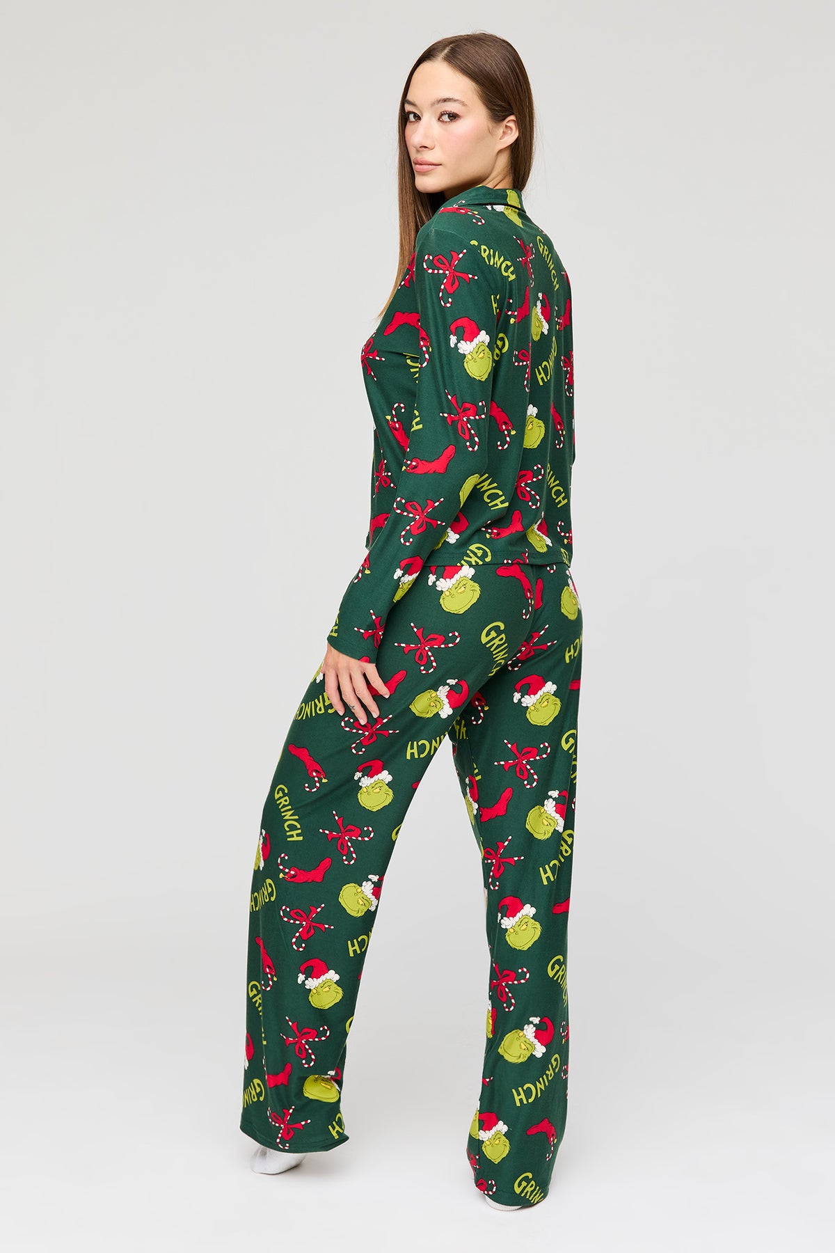 Alt View 4. The Grinch Button Up Top & Pant Pajama Set - Green