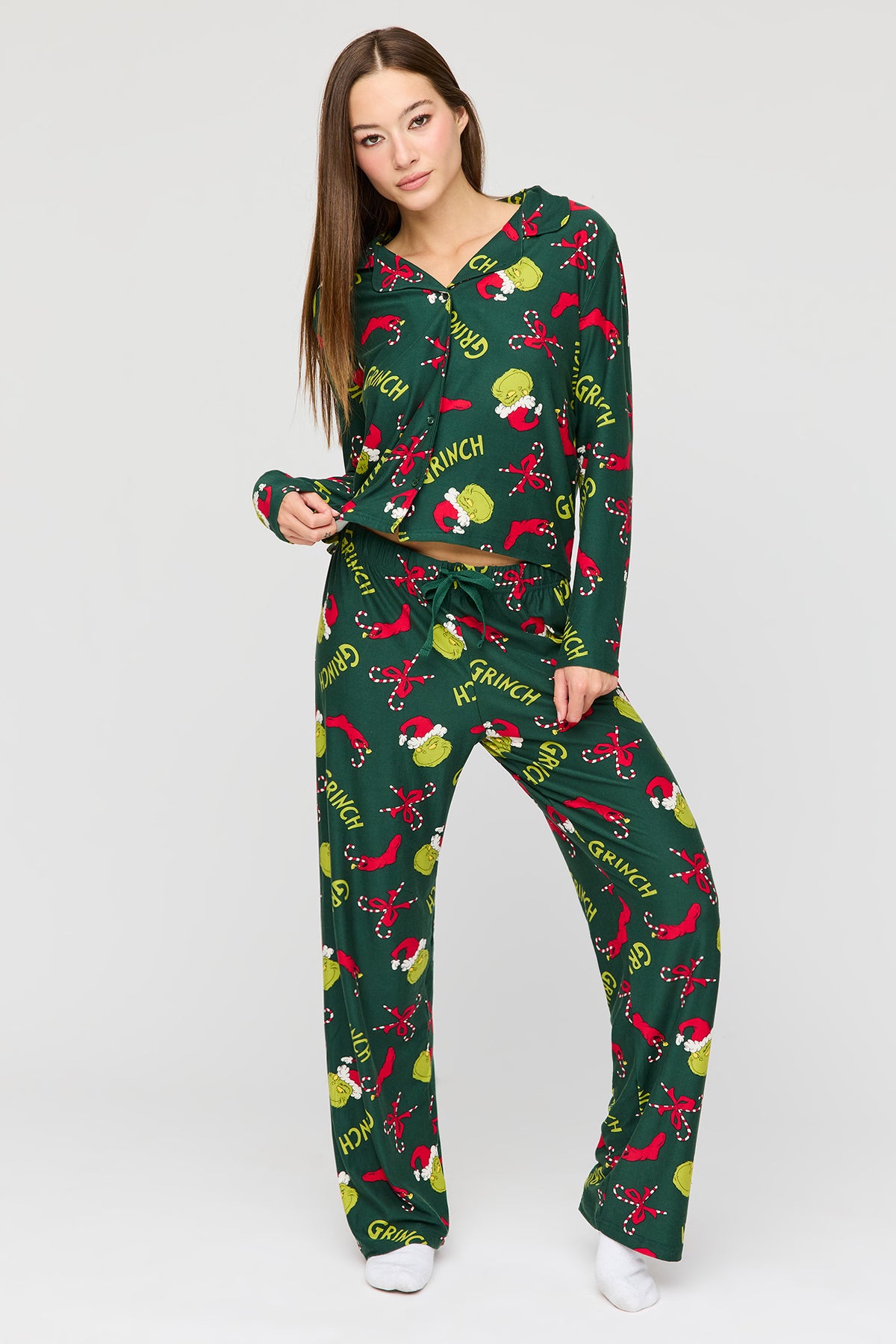 The Grinch Button Up Top & Pant Pajama Set - Green