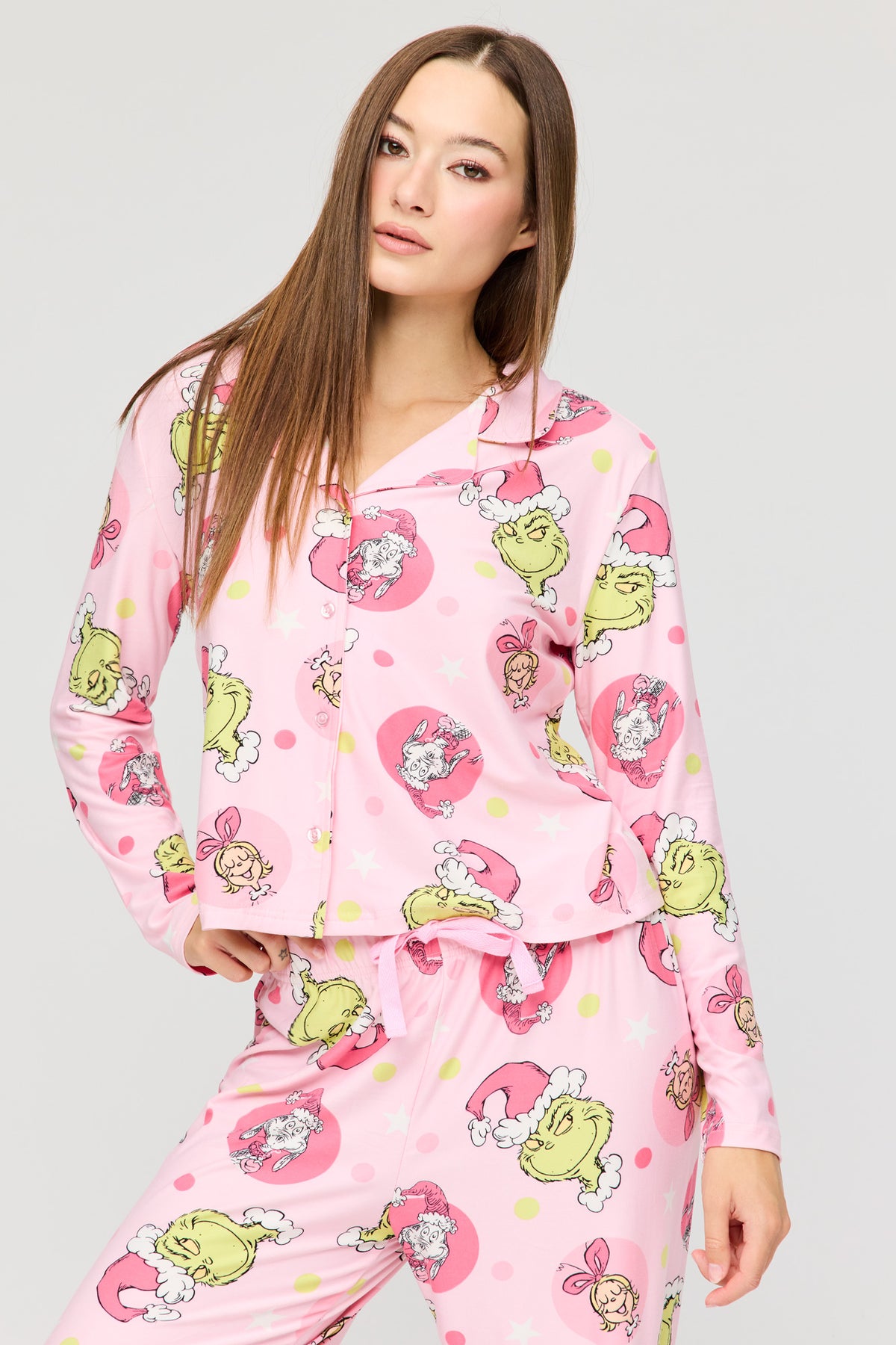 Alt View 2. The Grinch Button Up Top & Pant Pajama Set - Pink