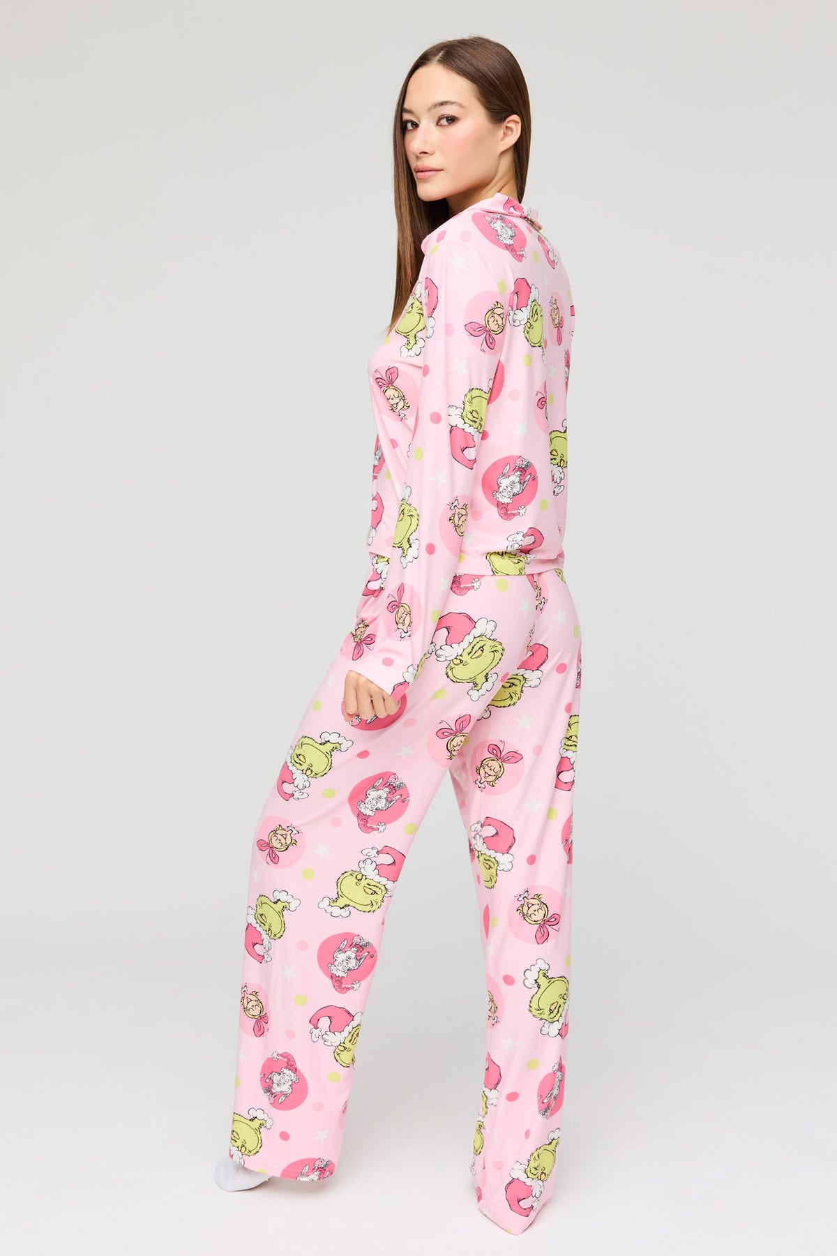 Alt View 4. The Grinch Button Up Top & Pant Pajama Set - Pink