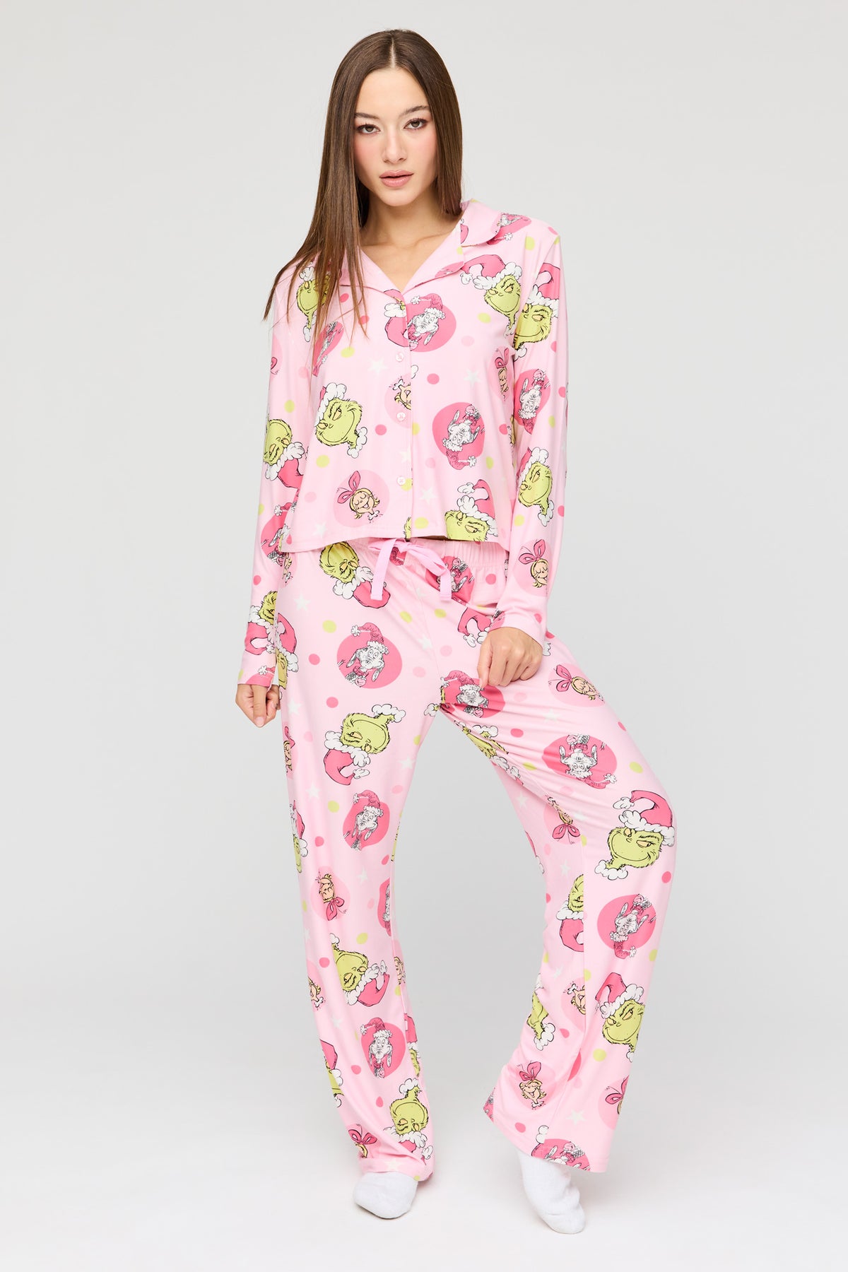 The Grinch Button Up Top & Pant Pajama Set - Pink