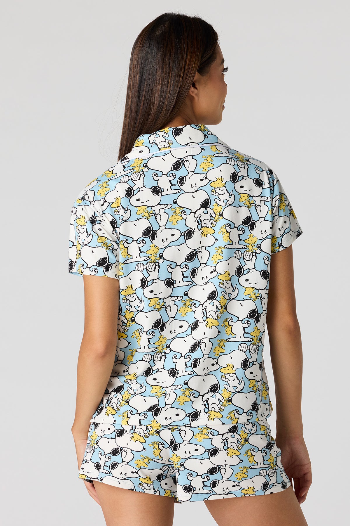 Alt View 2. Snoopy Printed Button-Up Top & Short Pajama Set - Light Blue