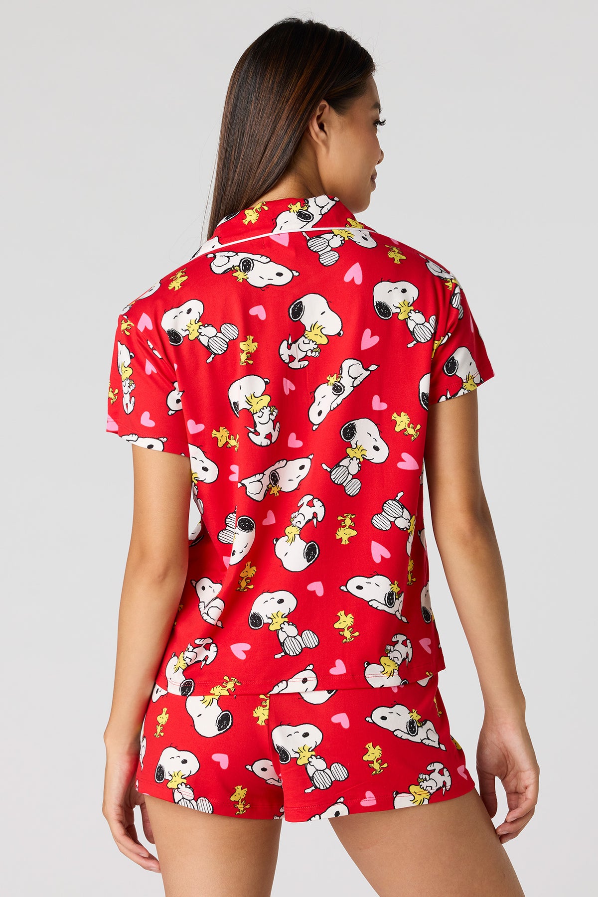 Alt View 2. Snoopy Printed Button-Up Top & Short Pajama Set - Red