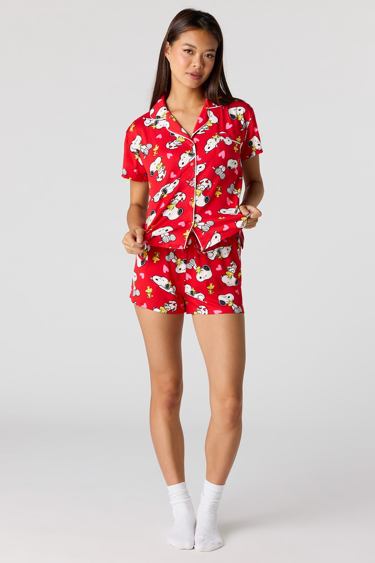 Alt View 3. Snoopy Printed Button-Up Top & Short Pajama Set - Red