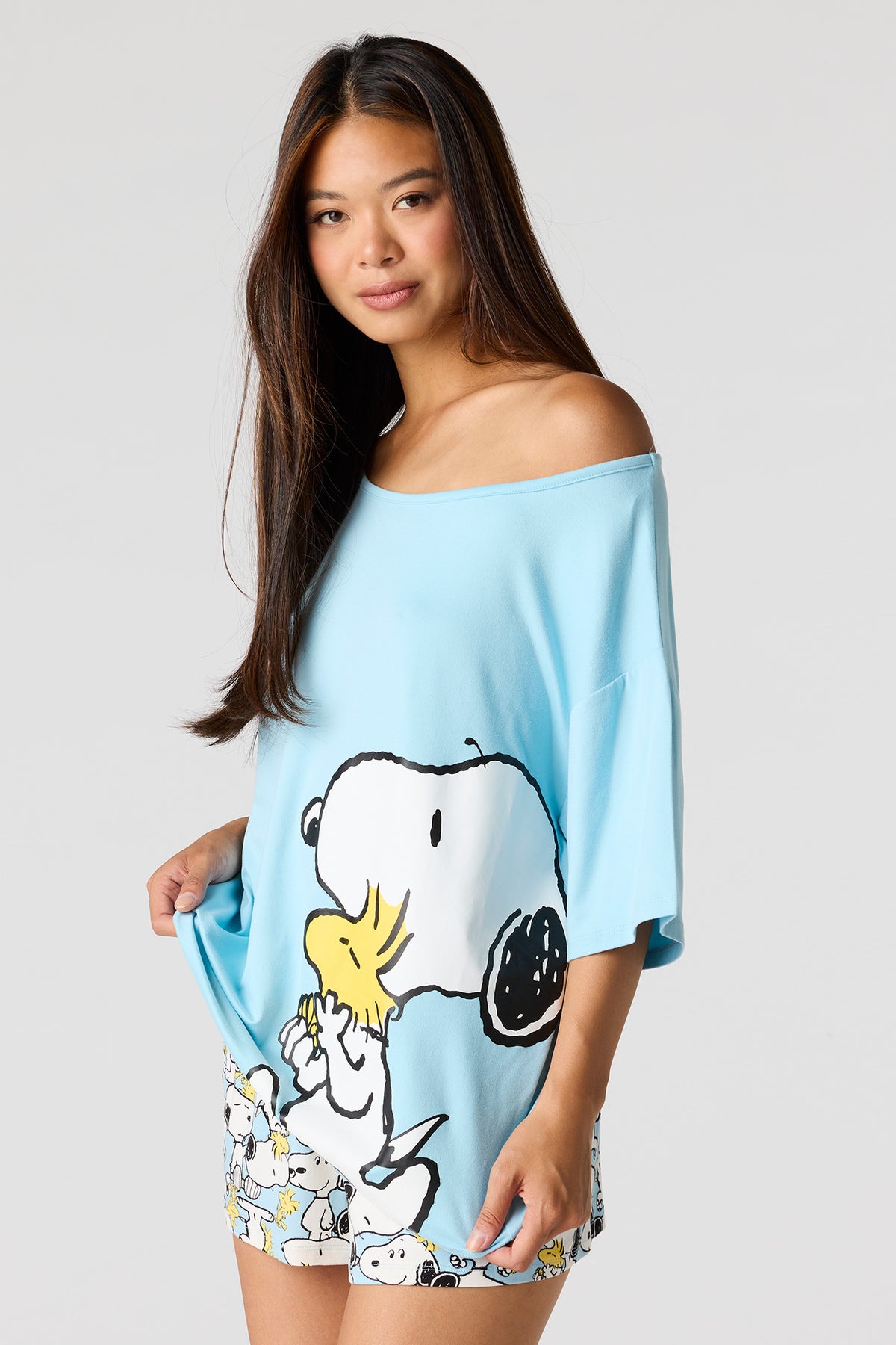 Alt View 4. Snoopy Off Shoulder Top & Short Pajama Set - Blue