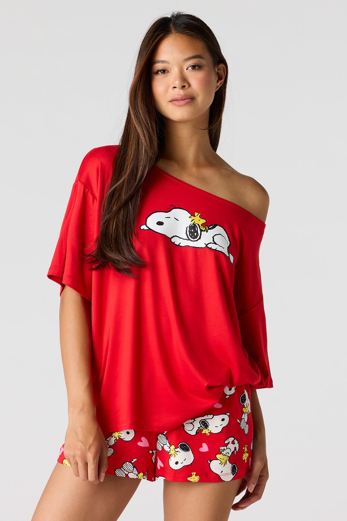 Snoopy Off Shoulder Top & Short Pajama Set - Red