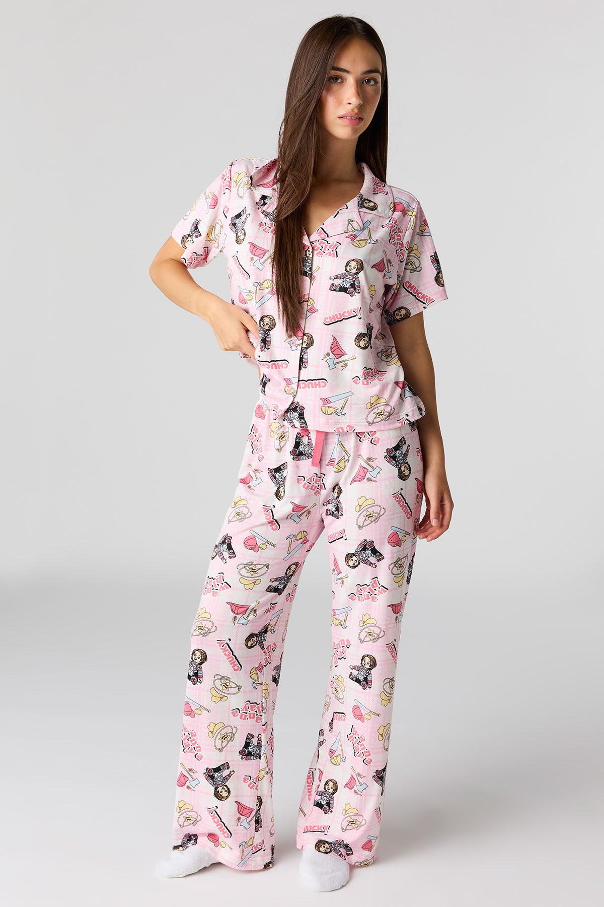 Halloween Printed Button-Up Top & Pajama Pant Set - Light Pink