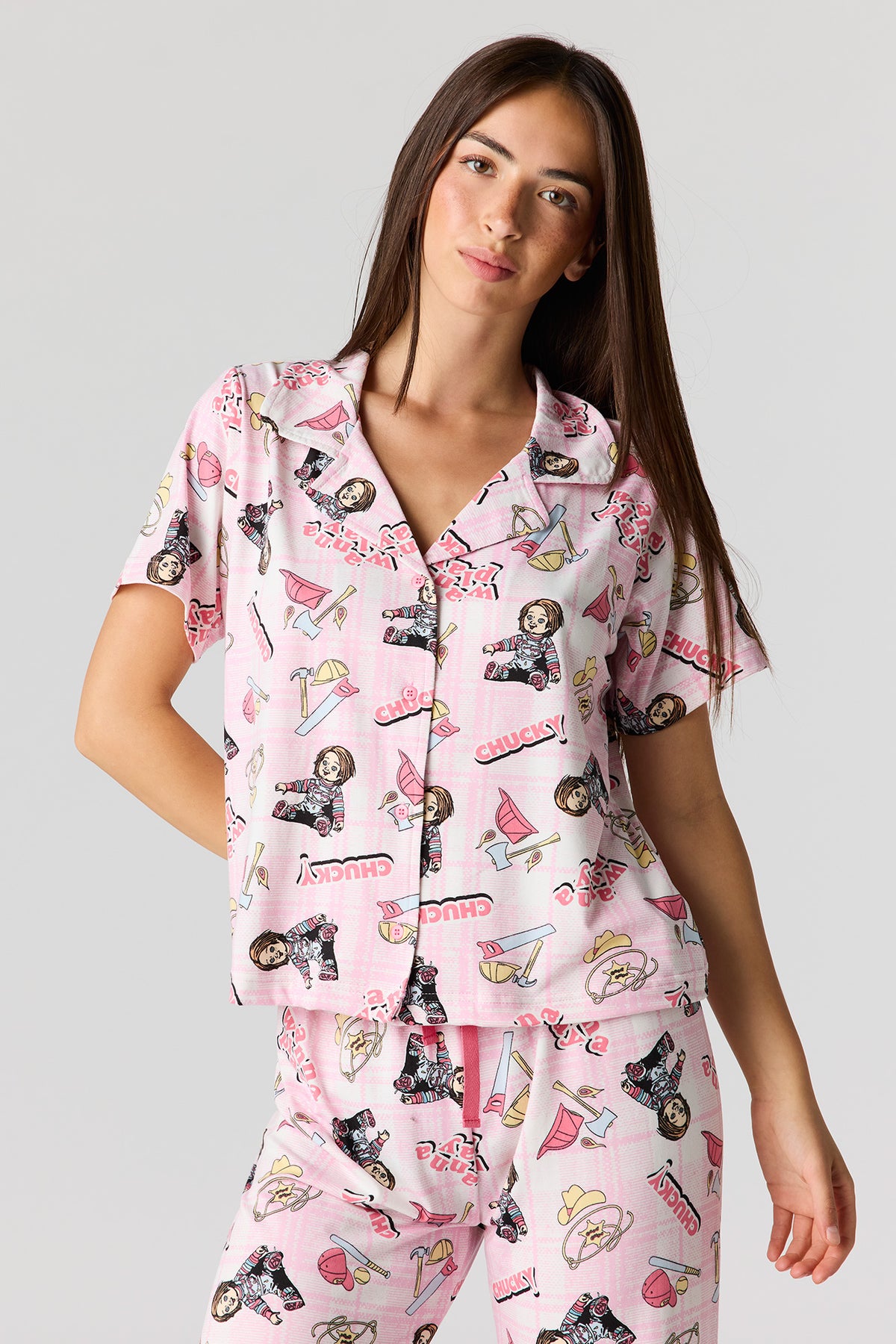 Alt View 2. Halloween Printed Button-Up Top & Pajama Pant Set - Light Pink