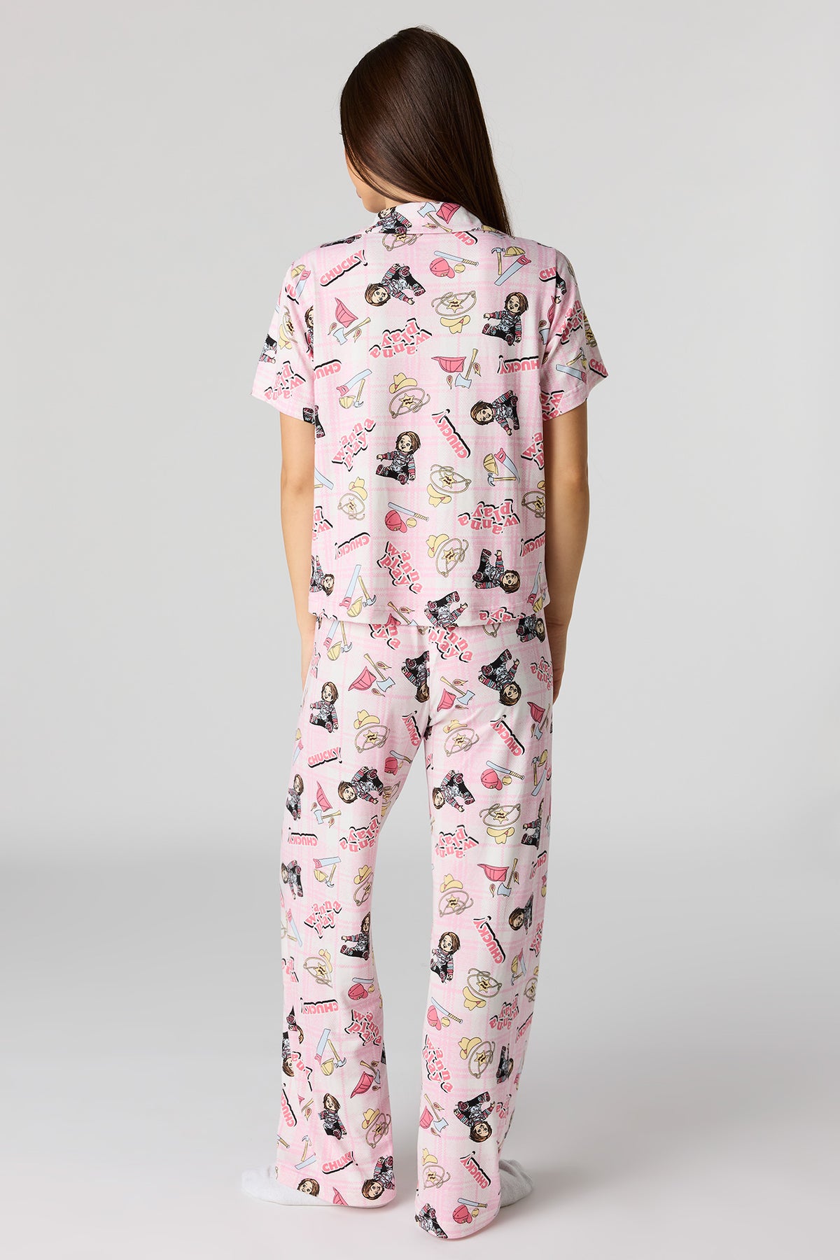 Alt View 4. Halloween Printed Button-Up Top & Pajama Pant Set - Light Pink