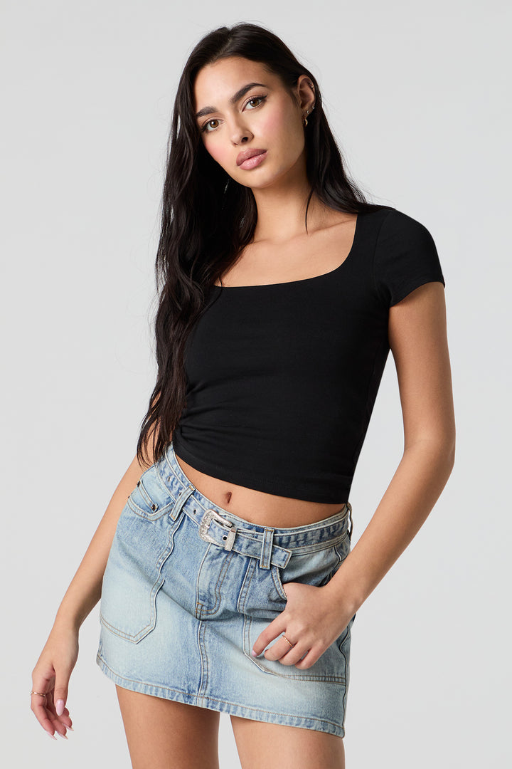 Belted Multi Pocket Mini Denim Skirt