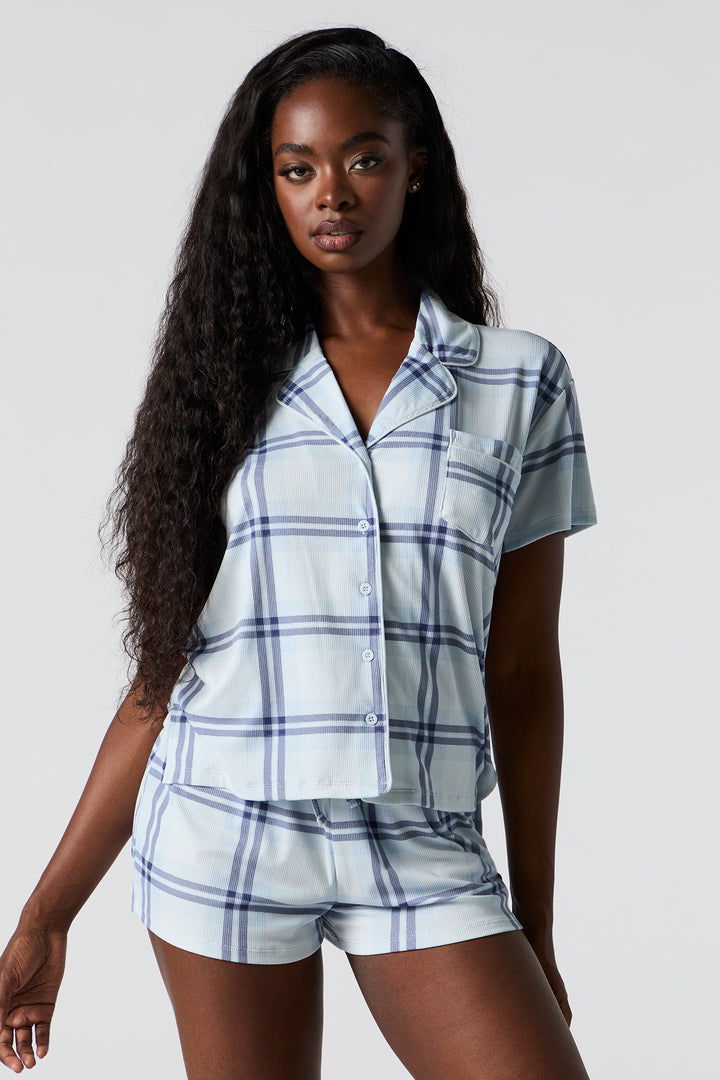 Ribbed Button-Up Top & Short 2 Piece Pajama Set