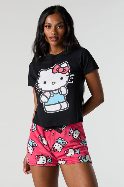 Ensemble-pyjama 2 pièces avec t-shirt à imprimé Hello Kitty et short pelucheux