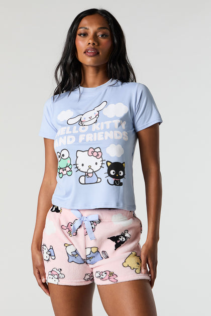 Ensemble-pyjama 2 pièces avec t-shirt à imprimé Hello Kitty n Friends et short pelucheux